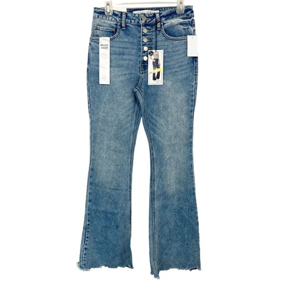 Tinseltown NEW Hi-Rise Flare Jeans Light Wash Denim Chewed Hem - Size 5/27 - Picture 1 of 8